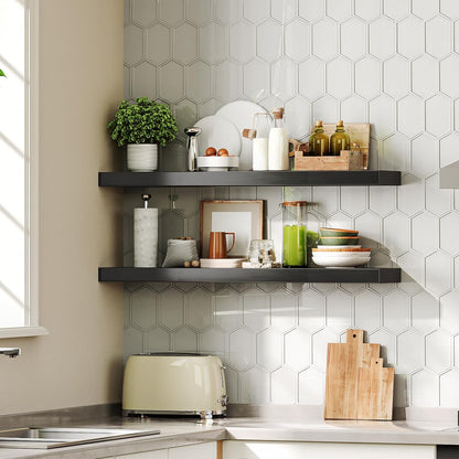 HOOBRO Floating Shelves for Wall, Wall Mounted Shelf Set of 2, 31.5" Hanging Shelf with Invisible Brackets, for Wall in Bathroom, Bedroom, Toilet, Kitchen, Living Room, Office, Black BK80BJP201