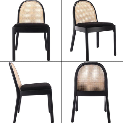Mid Century Dining Chairs Set of 2, Accent Rattan Sherpa Fabric Side Chairs Kitchen Chair with Solid Wooden Legs for Living Room Dining Room, Black