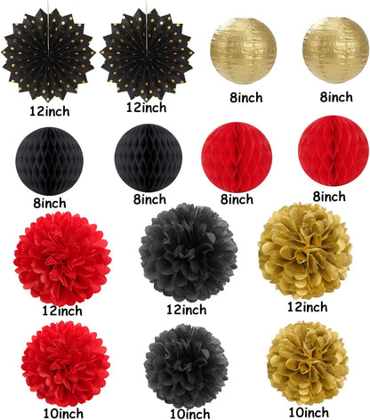 Red-Black Gold Party Decorations Streamers Lanterns - 14pcs Casino-Theme Graduation 2025 Paper Fan,Game Night Wedding Birthday Baby Bridal Shower Tissue Pom Poms,Honeycomb Balls Decor Ouruola
