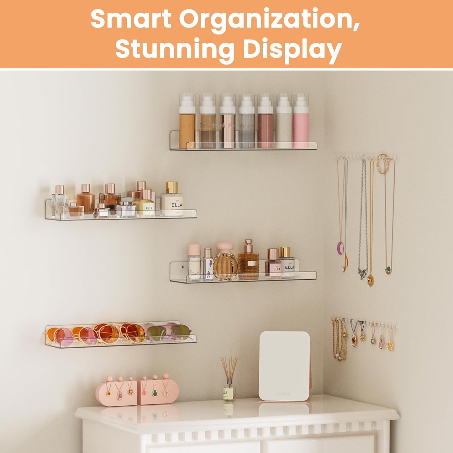 upsimples 4 Pack Acrylic Shelves for Wall Storage, 15" Floating Bookshelves for Kids, Display Shelf Organizer for Bathroom, Bedroom, Living Room, Kitchen, Room Decor, Clear