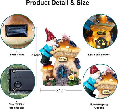 Garden Gnome Statues Figurine Lights - Solar Powered Lighting Outdoor Decorations, Gnome Build Mushroom Fairy House, Yard Art Lawn Ornaments for Porch Patio Balcony - Gnome Gifts for Women Mom