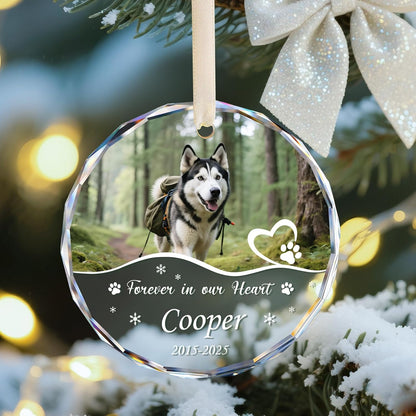 Personalized Pet Memorial Ornament - Custom Photo, Name & Dates - Forever in Our Hearts Glass Crystal Keepsake Ornaments - Dog Memorial Gifts for Loss of Dog, Cat