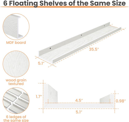 upsimples Floating Shelves for Wall, Wall Shelves for Decor Storage Set of 6, Wall Mounted Wood Shelf for Bedroom, Living Room, Bathroom, Kitchen, 35.5 inch Long Picture Ledge Shelf, White