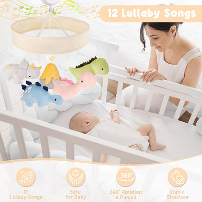 Dinosaur Crib Mobile – Beige Dino Baby Crib Mobile with 3-Mode Music Box, Nursery Mobile with Triceratops, T-Rex, Volcano, Fits Standard Cribs