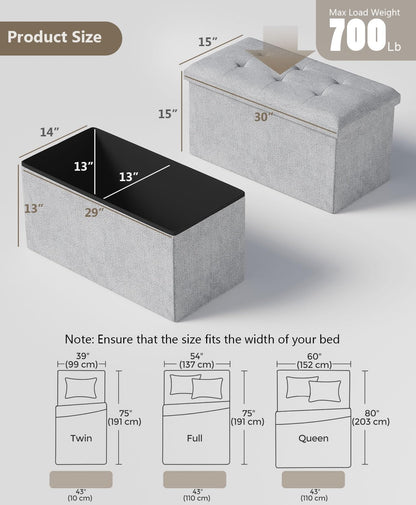 Storage Ottoman Bench, Folding Ottoman Foot Rest, 15 x 30 x 15 Inches, End of Bed Bench, Storage Chest, for Living Room, Bedroom, Hallway, Entryway, Light Gray
