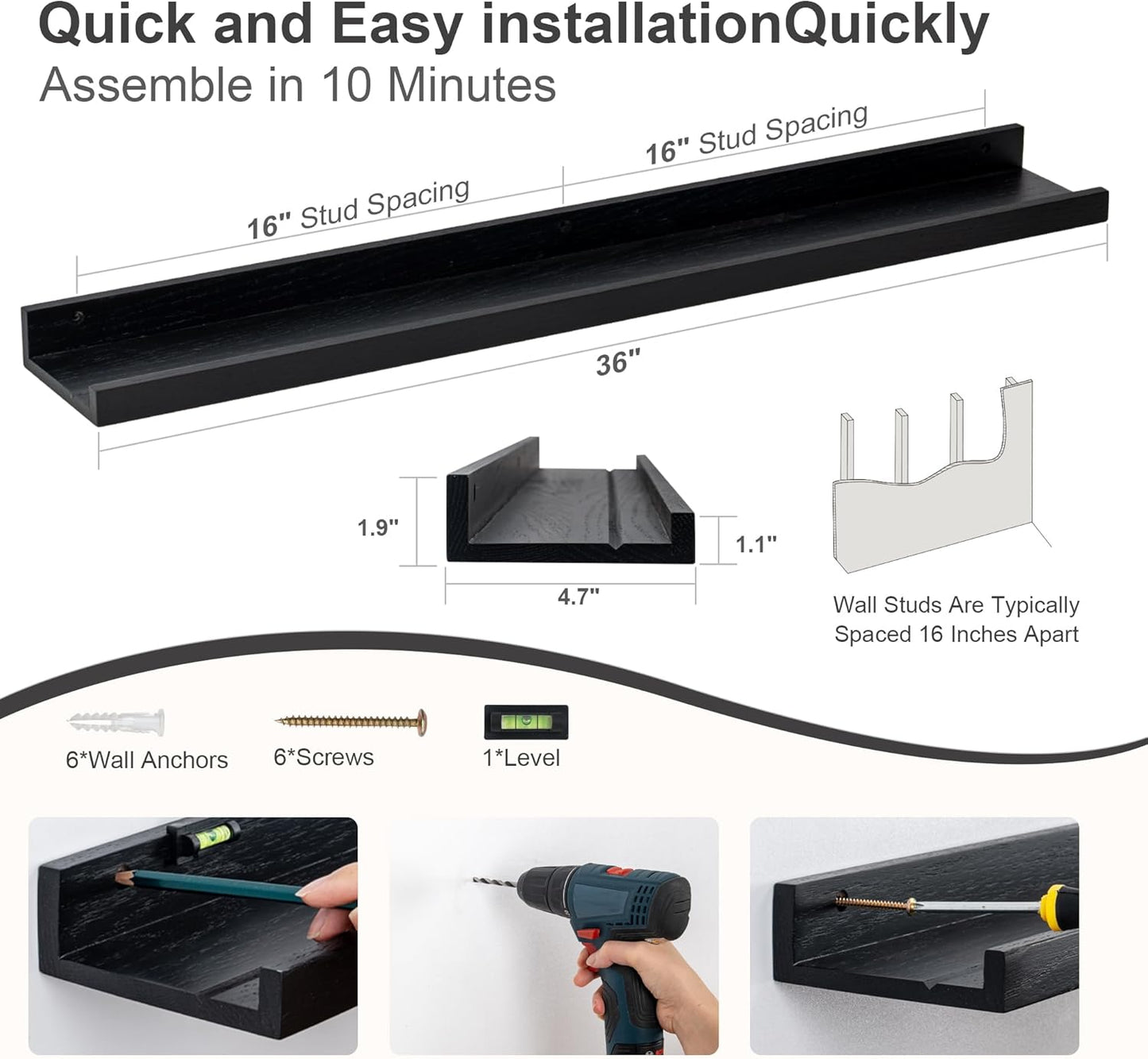 Floating Picture Ledge Shelves 36 Inch Solid Oak Wood Set of 2, Rustic Wall Storage Shelves with Lip, Kids Bookshelf, Photo & Picture Ledge Shelves for Bedroom, Living Room, Kitchen