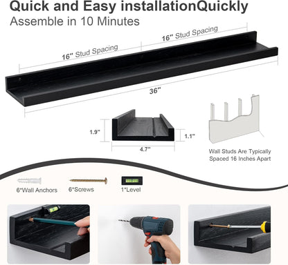 Floating Picture Ledge Shelves 36 Inch Solid Oak Wood Set of 2, Rustic Wall Storage Shelves with Lip, Kids Bookshelf, Photo & Picture Ledge Shelves for Bedroom, Living Room, Kitchen