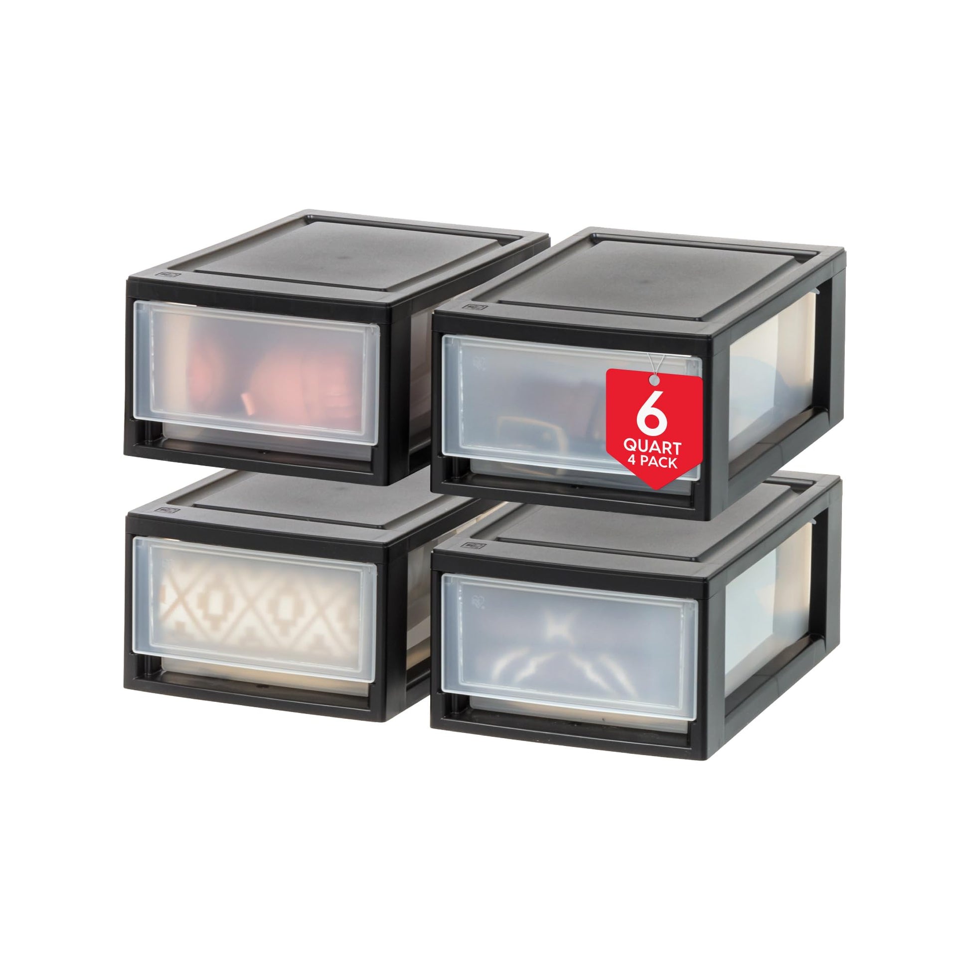 IRIS USA 4-Pack, 6 Qt. Small Stacking Drawer Storage Organizer, Black