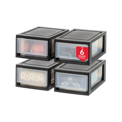IRIS USA 4-Pack, 6 Qt. Small Stacking Drawer Storage Organizer, Black