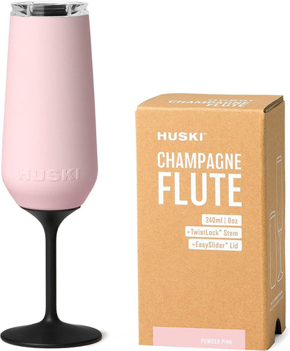 Huski Champagne Flute | NEW | Award-winning Design with Detachable Stem | Premium Stainless Steel Champagne Glass with Lid | Triple Insulated Tumbler | 8oz Capacity | Great Gift (Powder Pink)