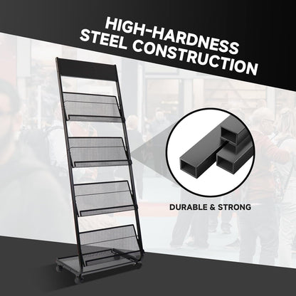 Floor-Standing Magazine Rack 4-Layer with Wheels, Brochure Display Stand for Exhibitions, Office, and Any Organization Requiring Information Display