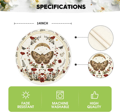 Artoid Mode Beige Poppy Moth Moon Round Placemats Set of 4, 14 Inch Floral Spring Round Table Mats for Party Kitchen Dining Decoration
