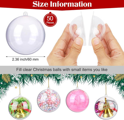 ANVAVO 50 Clear Plastic Fillable Ball Ornaments - DIY Craft Transparent Baubles - Shatterproof Christmas Tree Hanging Ornaments for Christmas, New Years, Birthday, Wedding, Home Decor