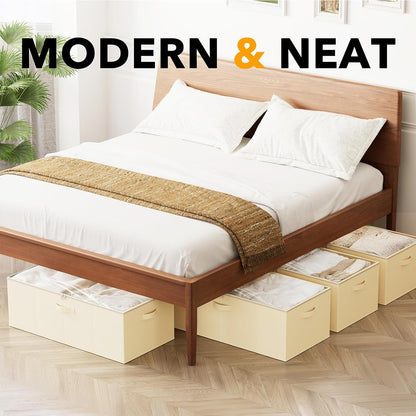 SpaceAid 4 Pack 10" High Under Bed Storage Containers, Large Underbed Storage Organizer Bins with Lids for Bedroom, Dorm, Clothes, Closet Organization, Bed Sheets and Blankets (Beige)