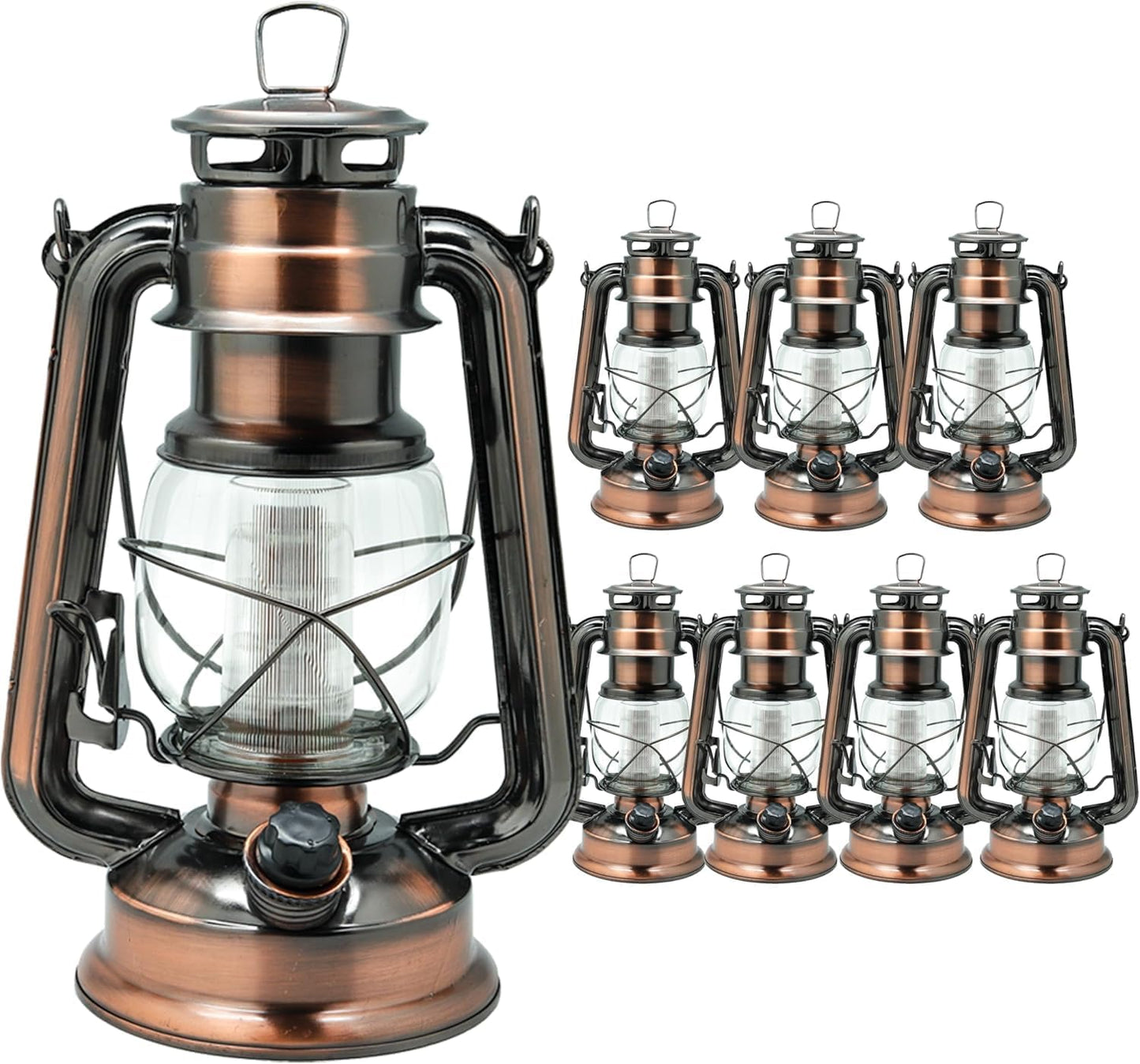YAKii LED Vintage Lantern Metal Hanging Hurricane 12 LED Dimmer Switch Cold White Battery Operated Lantern Power Outage Indoor Camping Lighting Outdoor Brooklyn Decoration(Copper Pack of 8)