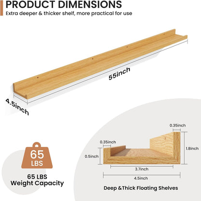 Fun Memories Picture Ledge Shelves Set of 2, 55 Inch Rustic Wall Mounted Floating Shelves with Lip for Home Storage and Décor in Bathroom, Kitchen, Nursery, Bedroom, Living Room, Oak