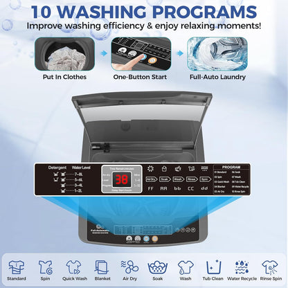 Nictemaw Portable Washing Machine, 20Lbs Capacity Full-Automatic Portable Washer Machine, 2.8Cu.ft Compact Laundry Machine with Drain Pump, 10 Programs & 8 Water Levels for Apartment Dorm RV