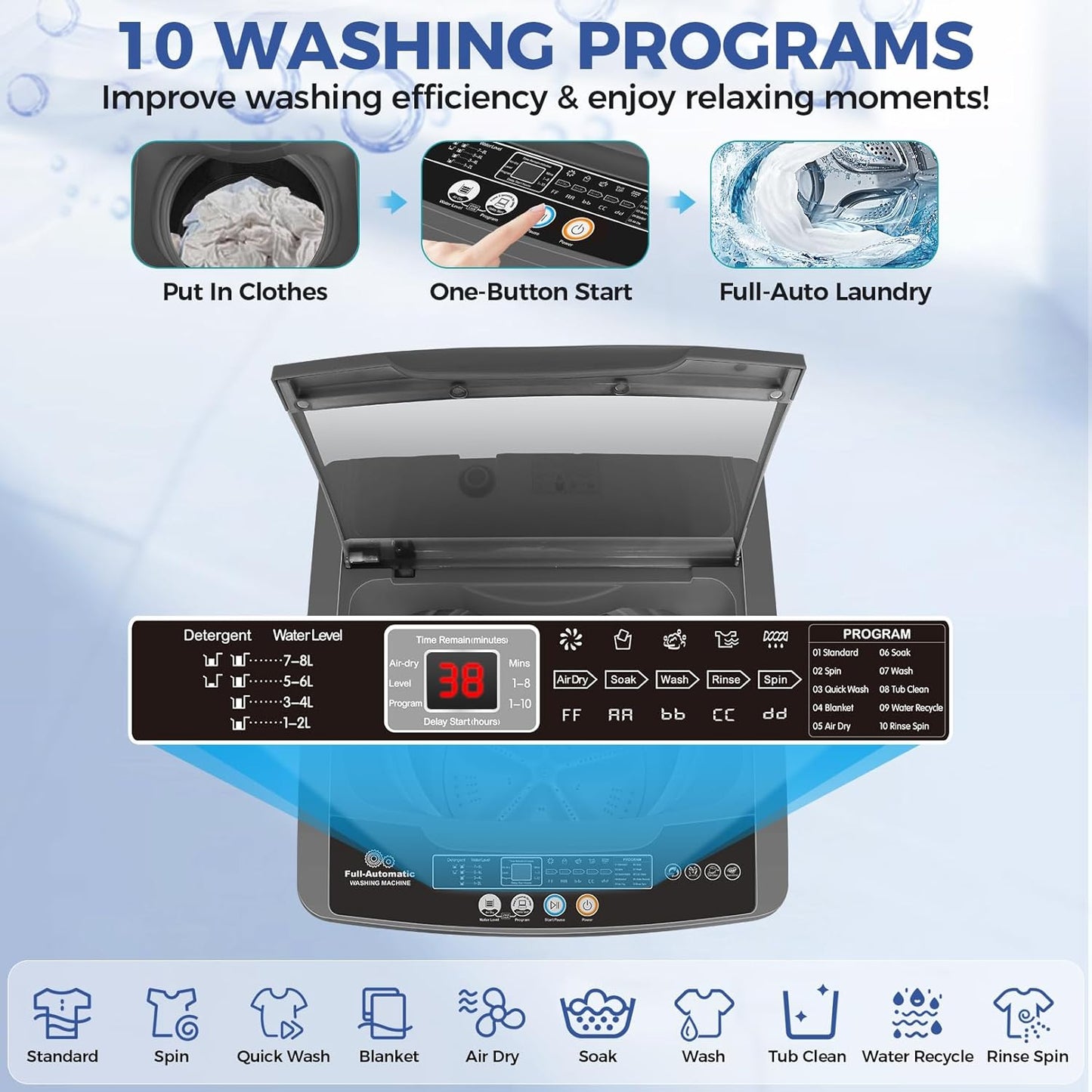 Nictemaw Portable Washing Machine, 20Lbs Capacity Full-Automatic Portable Washer Machine, 2.8Cu.ft Washer and Dryer Combo with with Drain Pump, 10 Programs 8 Water Levels for Apartment, Dorms, RV