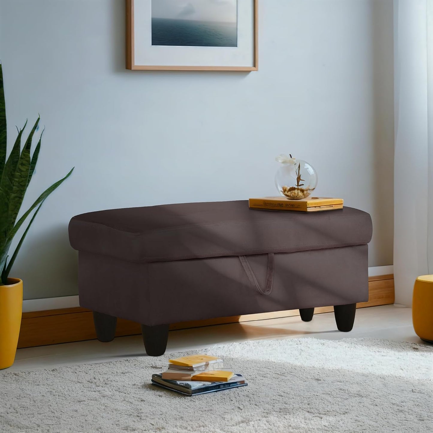 Ottoman Rectangular Storage Ottoman Bench, Flannel Footrest Stool Footstool with Lid for Living Room, Bedroom, Entryway, Dark Coffee, 28.5"x19"x17.5"