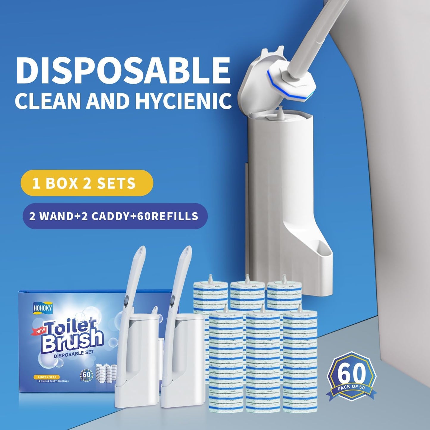 Disposable Toilet Brush Cleaning System, Two Sets of Wands and 60p Refills Pads Replacement Heads, Wall Mounted Toliet Stick Wand Starter Kit Bathroom Maintenance, Toilet Bowl Cleaner Holder