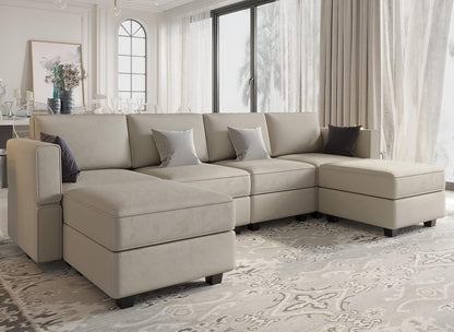 Belffin Modular Sectional Sofa with Reversible Chaises Velvet U Shaped Sectional Couch with Storage Seat Grey
