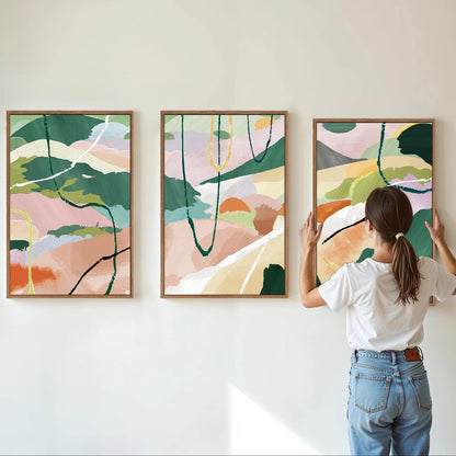 Tinonedraw Colorful Abstract Framed Canvas Wall Art Set, 3 Panel Green Pink Girly Oils Inks Artwork, Three Pieces Neutral Modern Minimalist Wall Decor for Living Room Bedroom Office 24"x36"x3