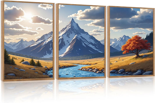 HPNIUB Landscape Mountain Wall Art Set, Rustic River Sunrise Pine Tree Forest Nature Scenry Wilderness Art Print, Farmhouse Grassland Modern Sky Decorative for Living Room, Bedroom, Office-16 x24 x3