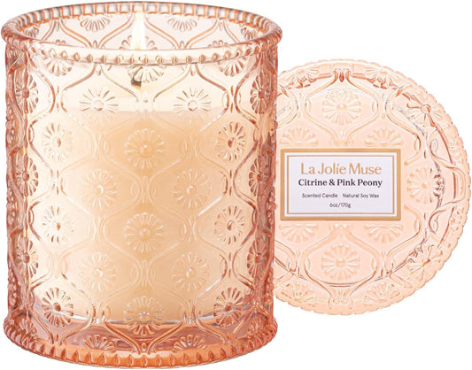 LA JOLIE MUSE Citrine & Pink Peony Scented Candles - Bergamot, Peony, Amber | 6 oz Natural Soy Wax