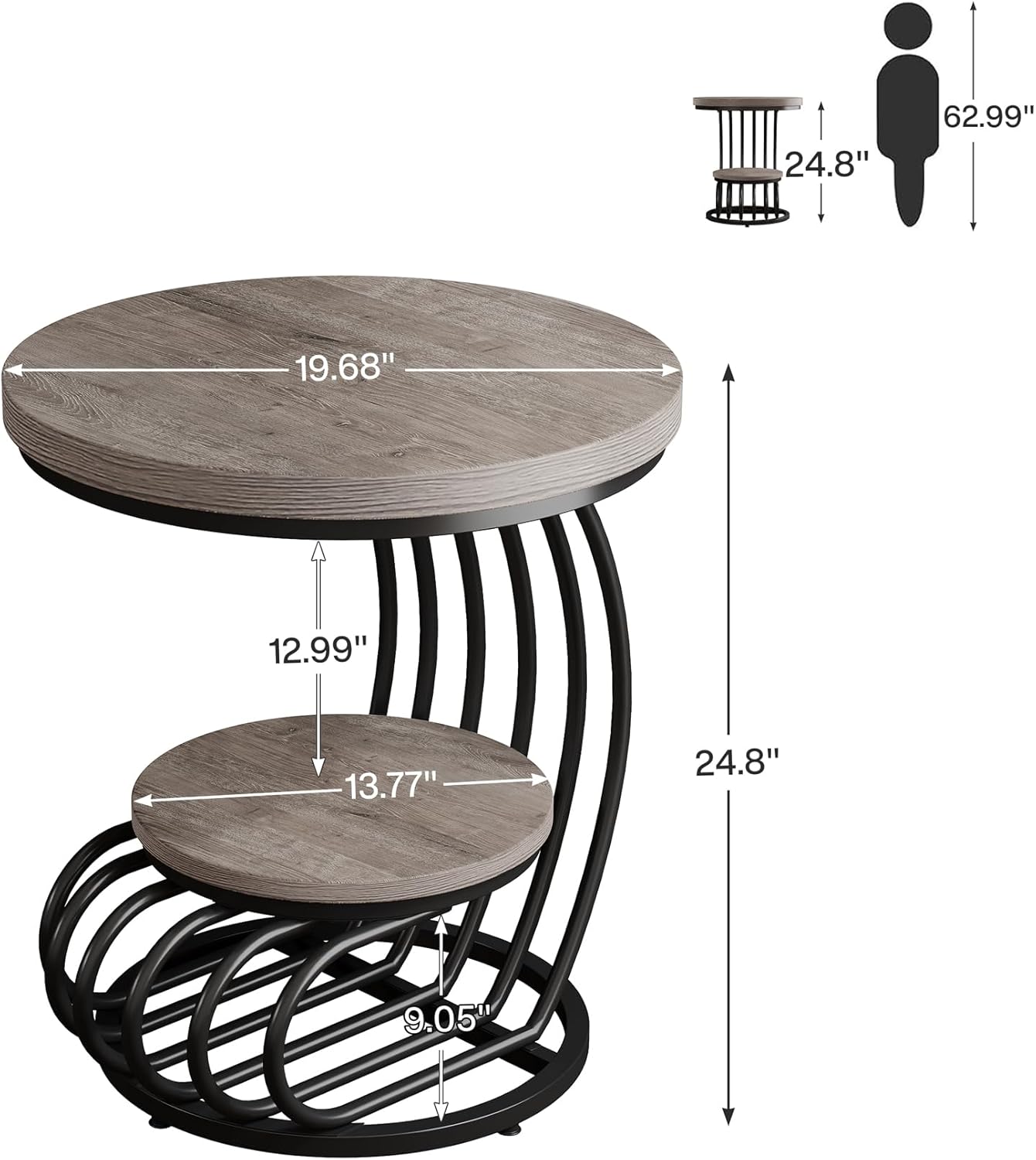 Tribesigns Round End Table: 2 Tiers Wood Side Table with Storage Shelf, Rustic Gray Bedside Nightstand, Metal Arc-Shaped Frame Accent Table for Living Room, Bedroom