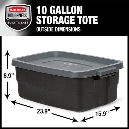Rubbermaid Roughneck Tote 10 Gal, 6 Pack, Made in USA, Black & Gray, Rugged Plastic Stackable Storage Bins with Lids and Handles