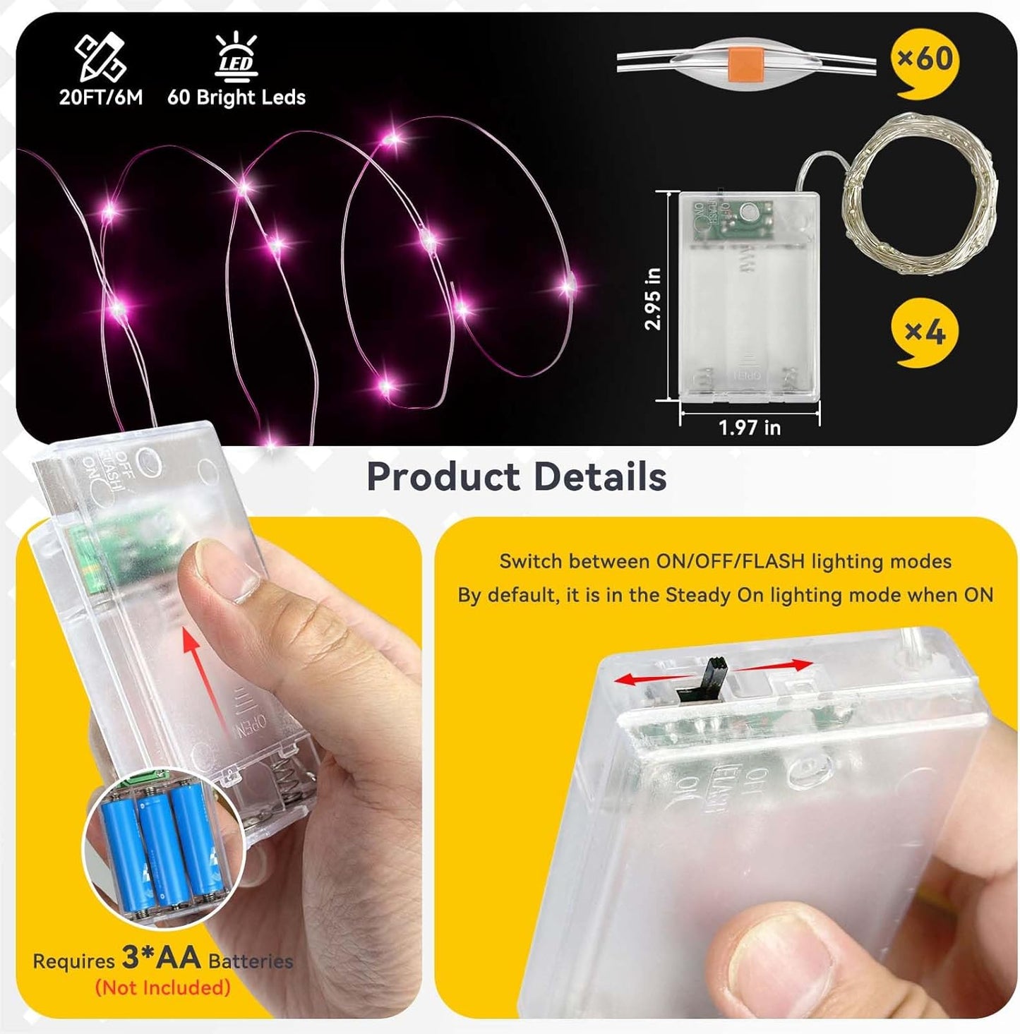 4 Pack 60LED Christmas Fairy Lights Battery Operated - 20FT Twinkle Lights with 2 Lighting Modes Indoor Outdoor, Waterproof Led Fairy String Lights for Bedroom, Wedding, Dorm, DIY Decor, Pink