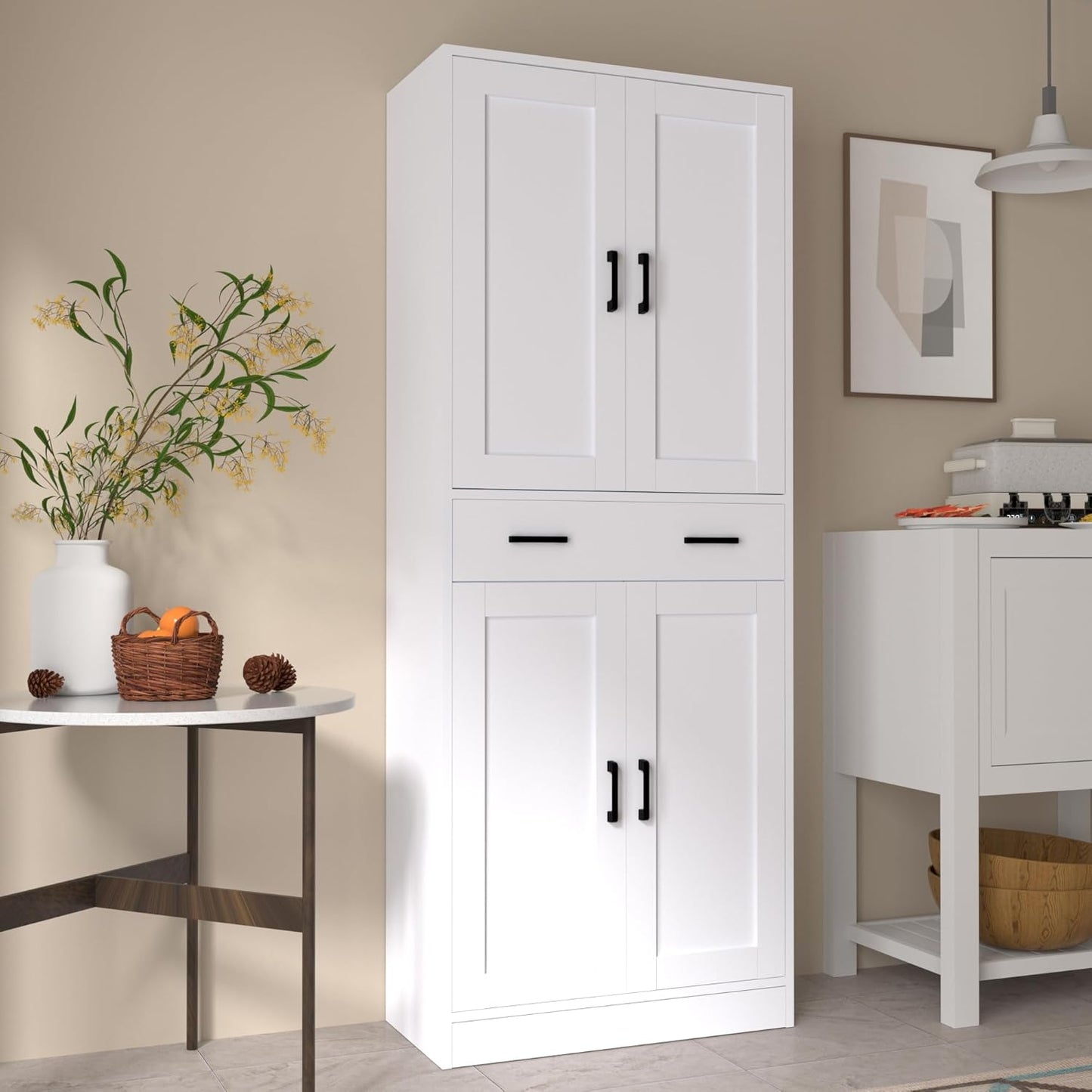 White Kitchen Pantry, 71" Tall Storage Cabinet with Doors and Drawer for Kitchen, Hallway, Office
