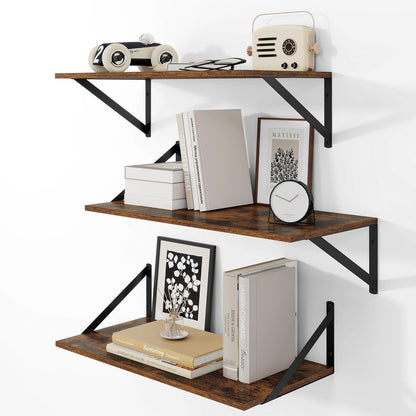 Heimlove 24" W x 12" D Wall Shelves for Books, 12 Inch Deep Floating Shelves Set of 3, Wide Floating Bookshelf with Metal Bracket for Living Room, Kitchen, Office, Bedroom and Decor - Rustic Brown