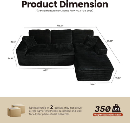 ovios 105” Modular Sectional Sofa with Thicken Seat Cushion, Cloud Couch with Deep Seat, Modern L-Shape Sofas Couches with Chaise,Upholstered Couches for Living Room Bedroom,Black