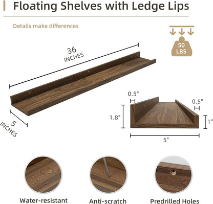 Picture Ledge Shelf, Wood Floating Shelves Set of 2, 36 inch Picture Ledge Shelves, Photo Ledge Nursery Book Shelves Wall Mounted for Living Room Kids' Room Bedroom, Color Walnut