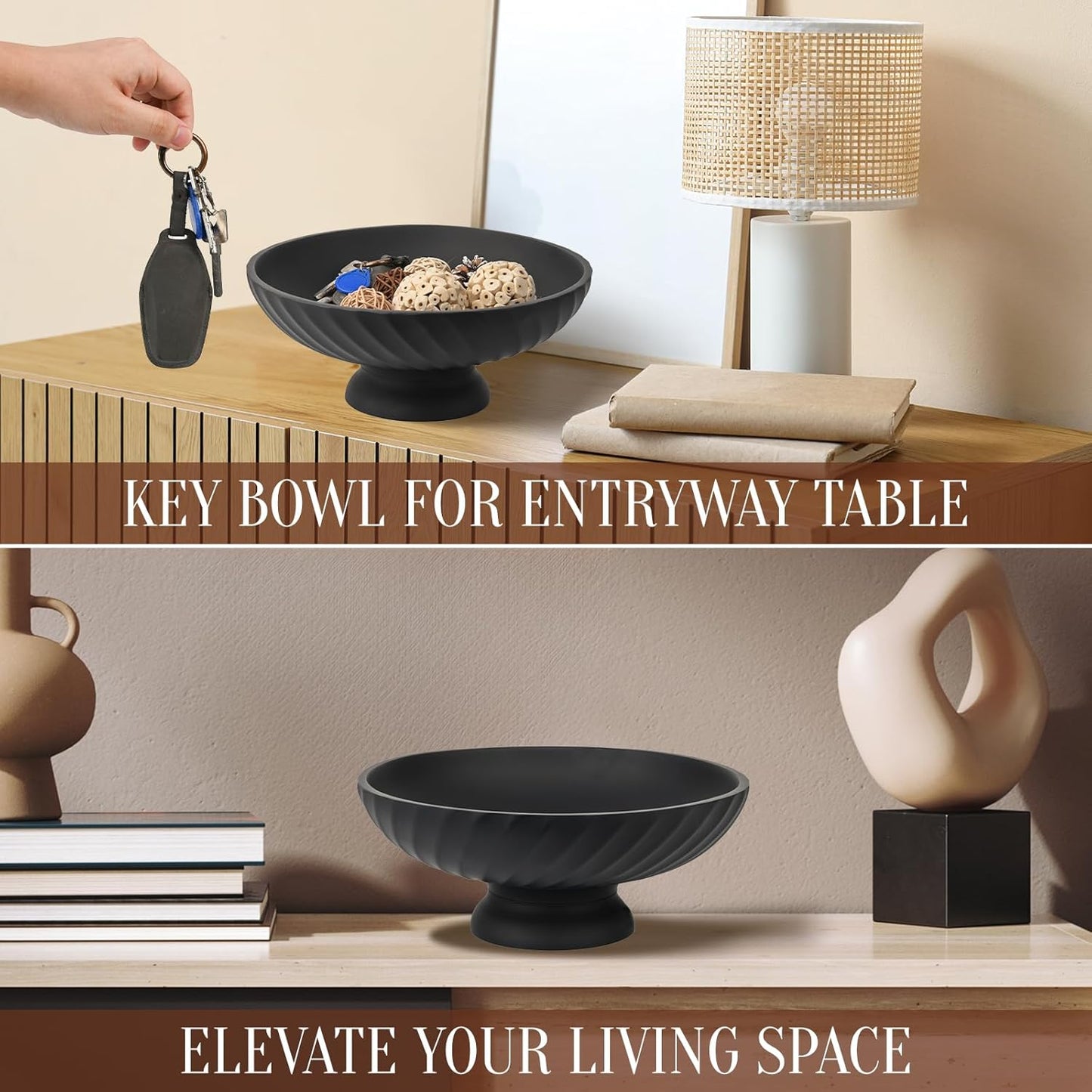 Large Resin Pedestal Decorative Bowl - Modern Fruit Bowl for Kitchen Counter - Handicraft Bowls for Home Decor - Key Bowl for Entry Table,Matte Black