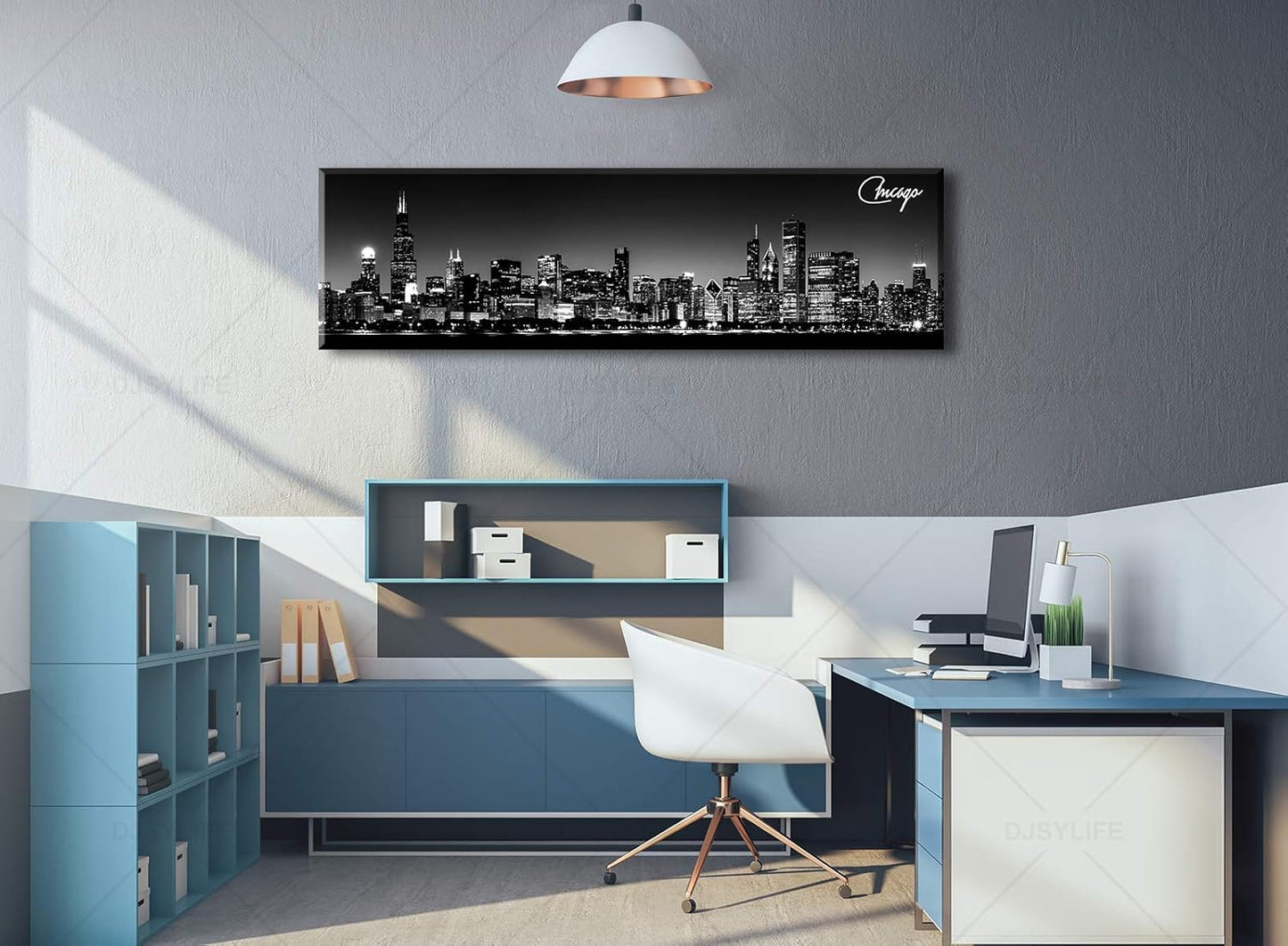 Office Wall Decor Black and White Wall Art Chicago Skyline Pictures for Living Room Modern Large Canvas Print Artwork Stretched and Framed 13.8"X47.3"