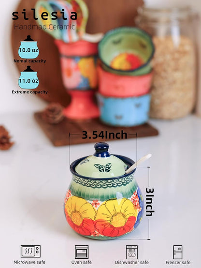 silesia Handmade Sugar Bowl with Lid and Spoon, 9 Ounce Ceramic Hand-Painted Sugar Jar for Home in Gift Box, Kitchen Decor, Oven, Dishwasher & Microwave Safe, Glazed Green