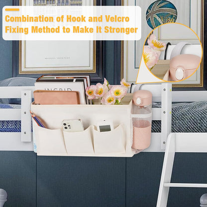 Bedside Caddy Bedside Organizer Bedside Storage Caddy with Fixed Straps and Water Bottle Holder for Home College Dorm Bunk Bed Hospital Bed Crib Bed Rails (White)