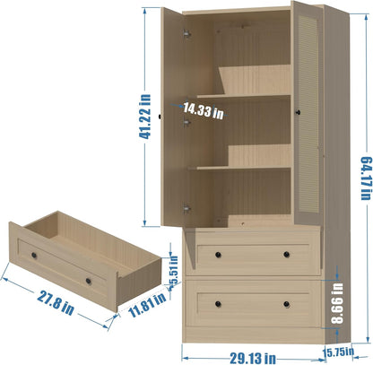 Rattan Oak Kitchen Pantry, 64.2" Tall Storage Cabinet with Doors and Drawers, Freestanding Wooden Storage Organizer for Kitchen, Dining Room