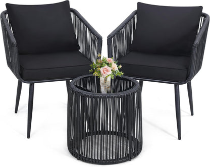 Kromax 3 Pieces Patio Rattan Bistro Conversation Set, Outdoor All-Weather Wicker Furniture Chairs and Side Table Set Ideal for Balcony, Porch and Backyard, Black