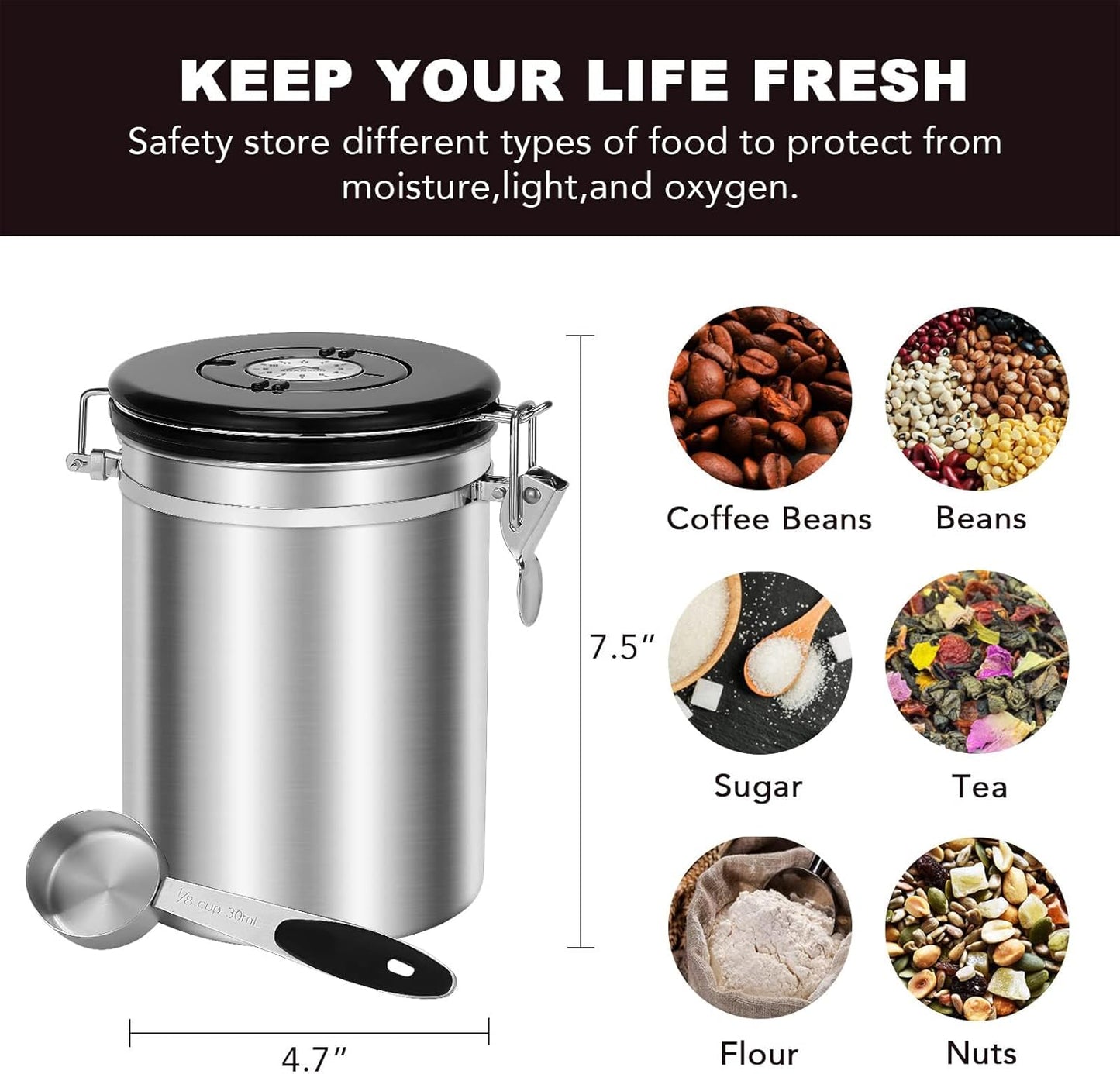 ShanSon Coffee Canister Airtight Stainless Steel Kitchen Food Storage Container with Date Tracker for Beans Grounds Tea Flour Cereal Sugar, 22OZ, Silver