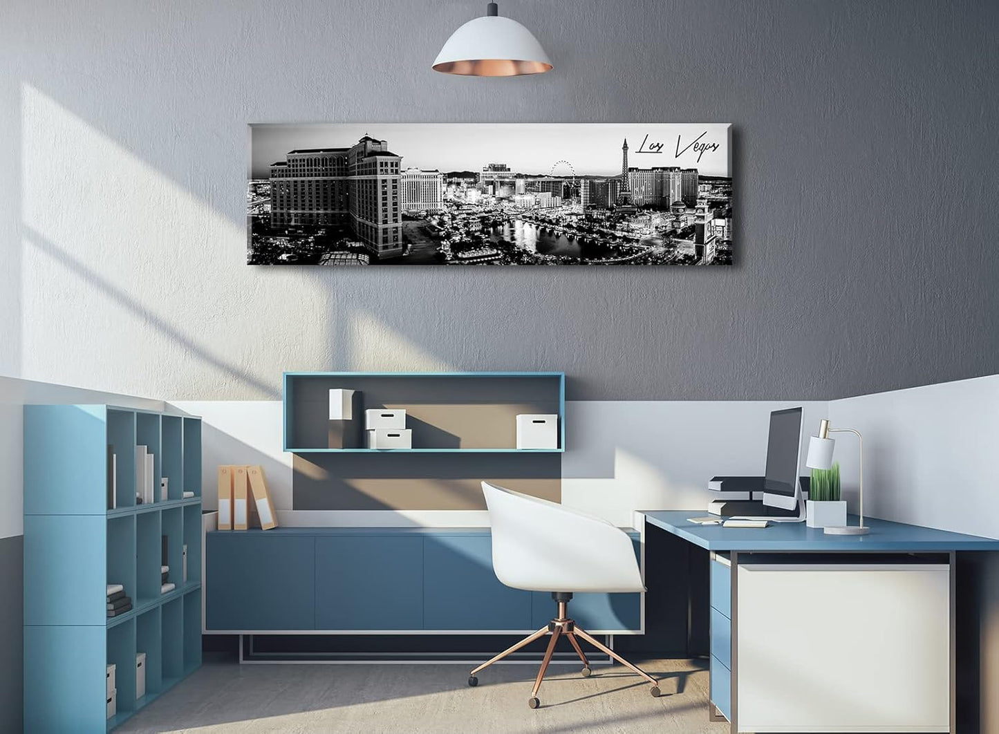 Las Vegas Skyline Wall Art for Living Room American Cityscape Canvas Prints Black and White City Bellagio Fountain Skyscraper Night View Panoramic Pictures Modern Building Poster Framed 13.8"X47.3"