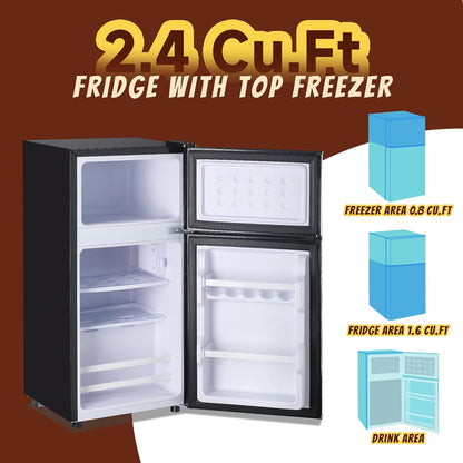 Mini Fridge with Freezer Small Refrigerator Double Door Dorm Fridge for Single Removable Shelves for Bedroom, Office, Dorm Black