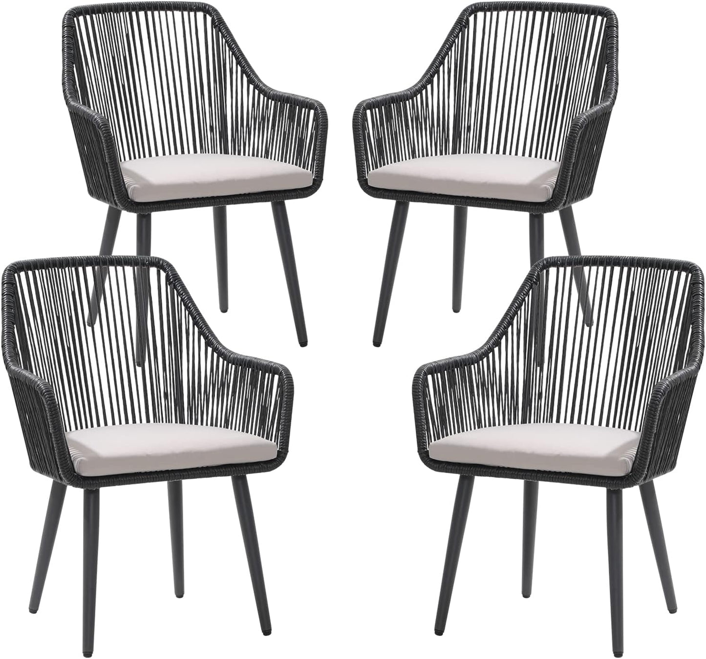 Patiorama Outdoor Dining Chairs, Patio Dining Chair Set of 4, All-Weather Woven Rope Rattan Chairs, Outdoor Dining Wicker Chairs with Armrests for Indoor Balcony Pool Backyard(Black)
