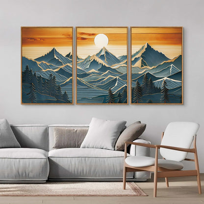 Tinonedraw Vintage Mountain Framed Canvas Wall Art Set of 3, Boho Nature Wilderness Art Prints, Mid Century Modern Ridge Scenery Wall Decor, Sunrise Forest Woodcut Style Art Paintings for Living Room Bedroom, Office 16"x24"