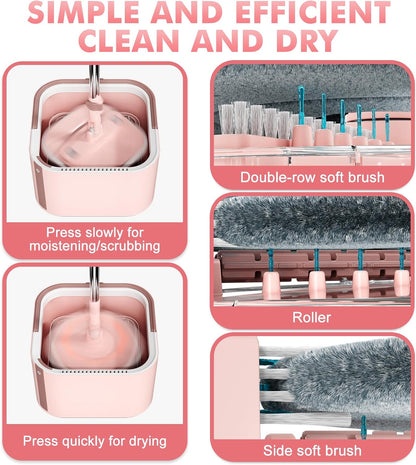 Upgraded Spin Mop and Bucket Set Self-Standing Mop Bucket Separate Dirty and Clean Water System Self Wringing 360° Rotating 90° Foldabl Mops and Buckets for Floor Cleaning (Pink, 2Pads)