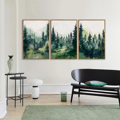 Tinonedraw Misty Forest Framed Canvas Wall Art Set, Modern Pine Trees Wall Painting, Watercolor Nature Foggy Landscape Wall Decor, Neutral Mountain ArtWork for Bedroom Living Room and Office 24"x36"x3