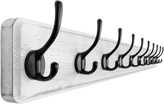 Dseap Coat Rack Wall Mount: 38-1/4" Long, Patented, Heavy-Duty, 10-Double-Hooks Wooden Hanger Rail for Winter Coats Hat Jacket Clothing, White & Black