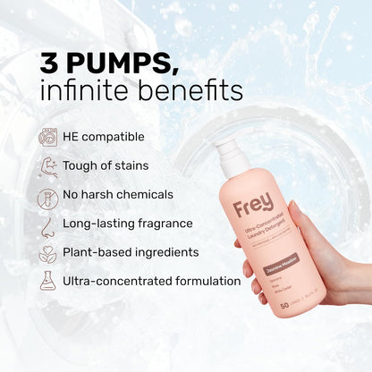 FREY Concentrated Liquid Laundry Detergent | Formulated for Sensitive Skin & HE Washers | Removes Stains Effectively | 50 Loads per Bottle (1-pack Jasmine Meadow)